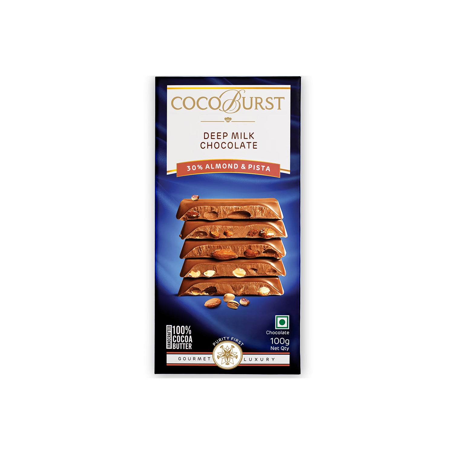 Cocoburst 30% Almond & Pista Deep Milk Chocolate 100Gm