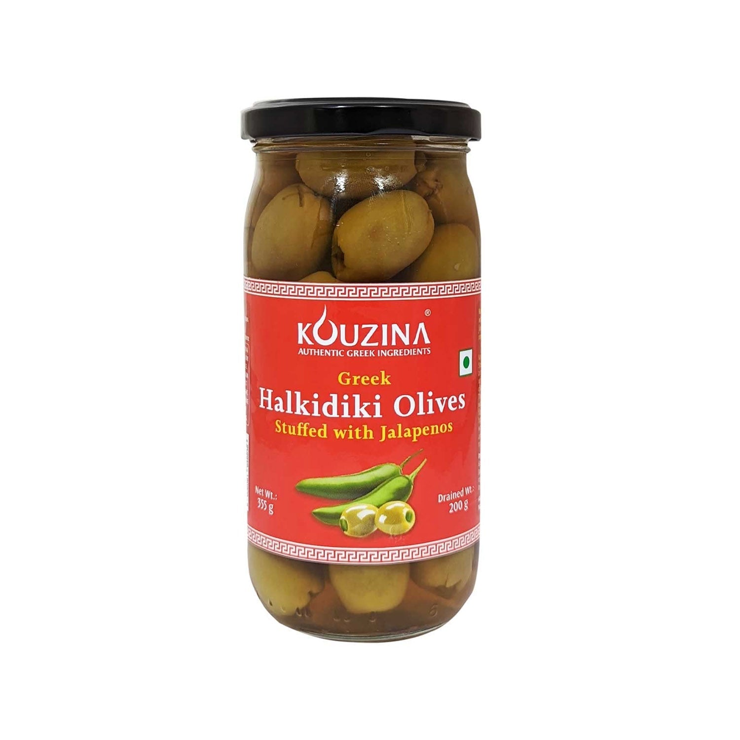 Kouzina Greek Halkidiki Olives Stuffed With Jalapenos 355Gm Imp