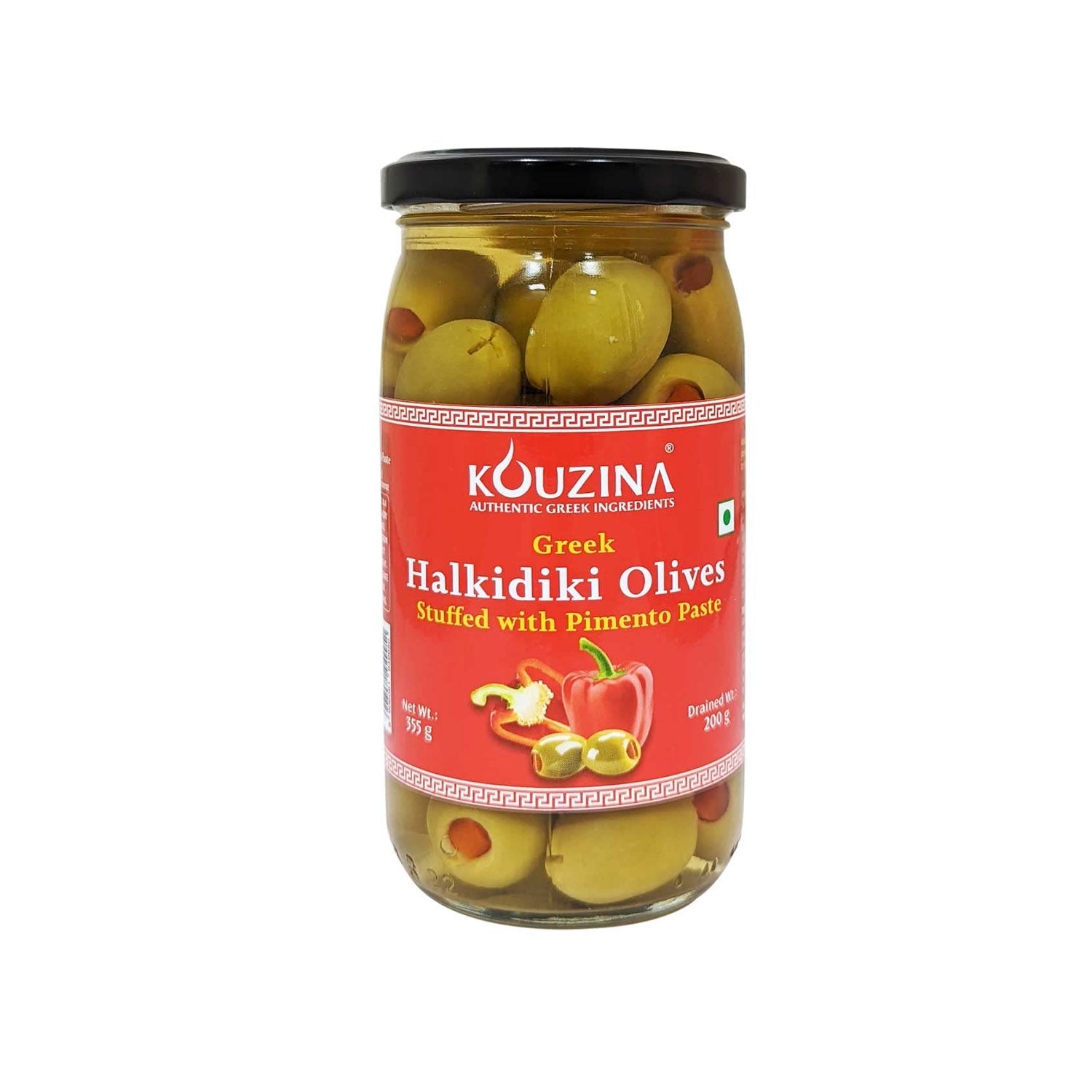 Kouzina Greek Halkidiki Olives Stuffed With Pimento Paste 355Gm Imp