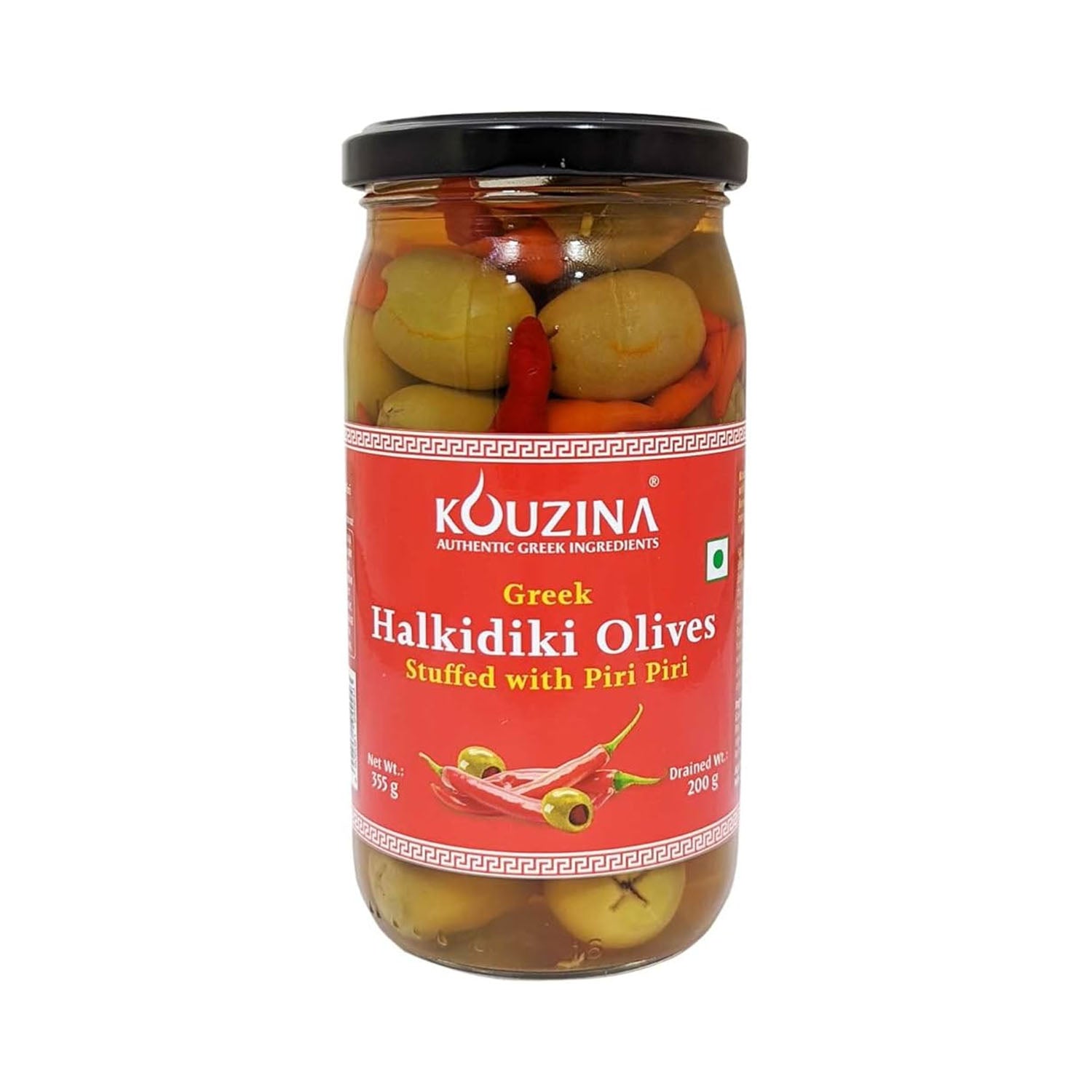 Kouzina Greek Halkidiki Olives Stuffed With Piri Piri 355Gm Imp